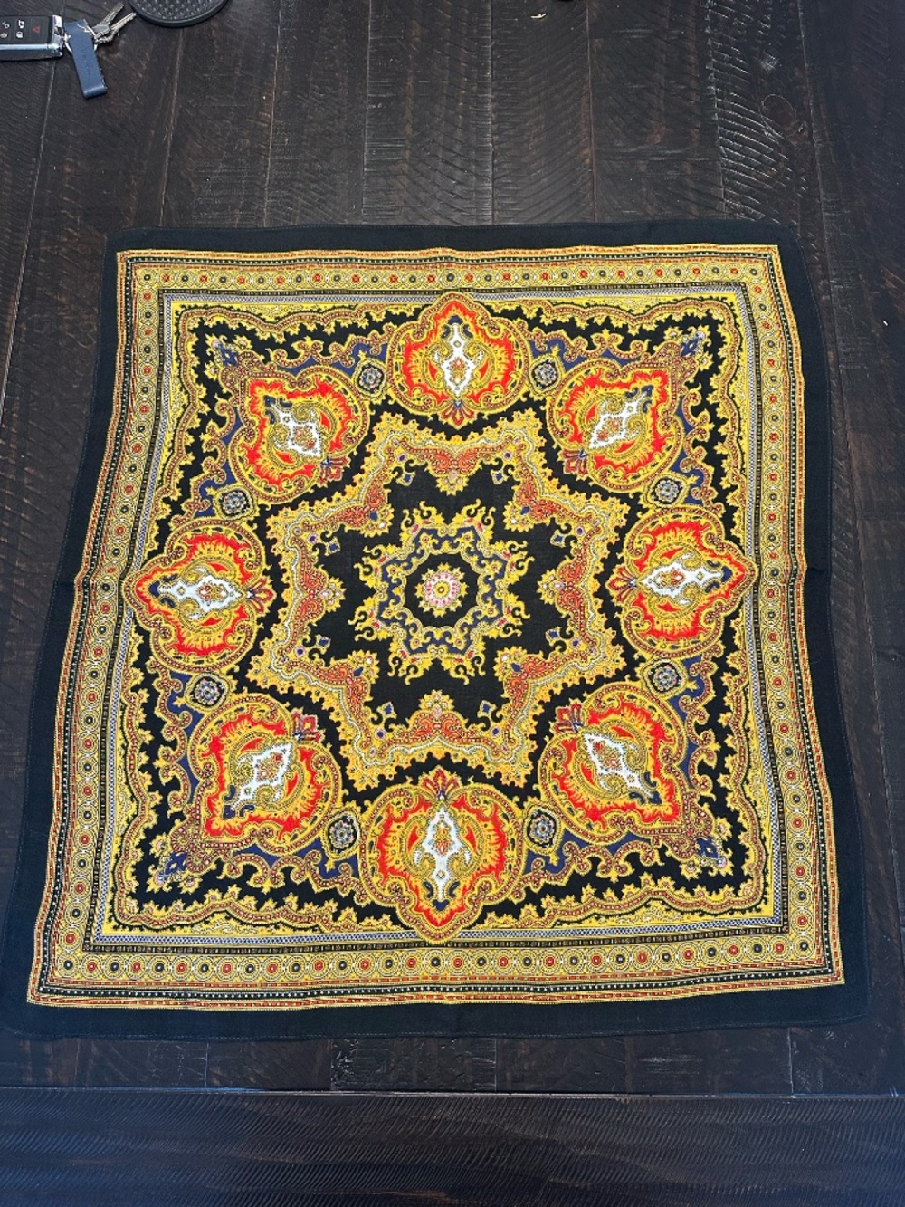 Vintage Square Scarf ~ Black and Gold with Center Medallion